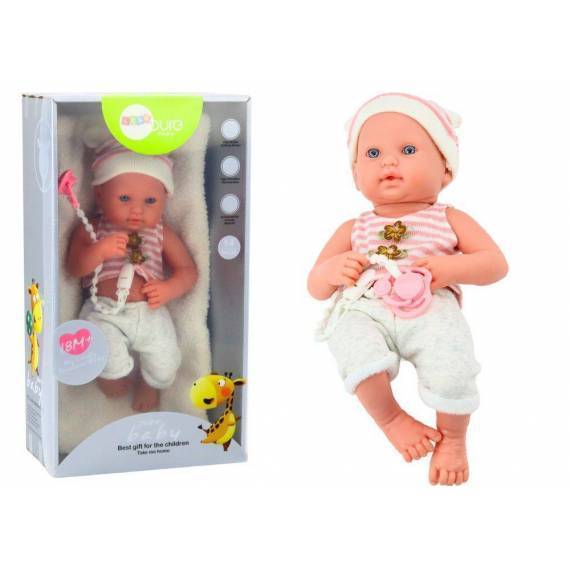 Baby Doll In White And Pink Clothes, Hat, Pacifier, And Blanket Baby Doll In White And Pink Clothes, Hat, Pacifier, And Blanket