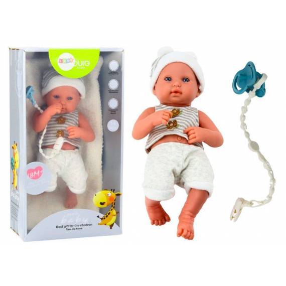 Baby Doll In White And Gray Clothes, Hat, Pacifier, And Blanket Baby Doll In White And Gray Clothes, Hat, Pacifier, And Blanket