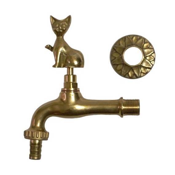 Cat Garden Tap with bibcock and rosette - polished brass